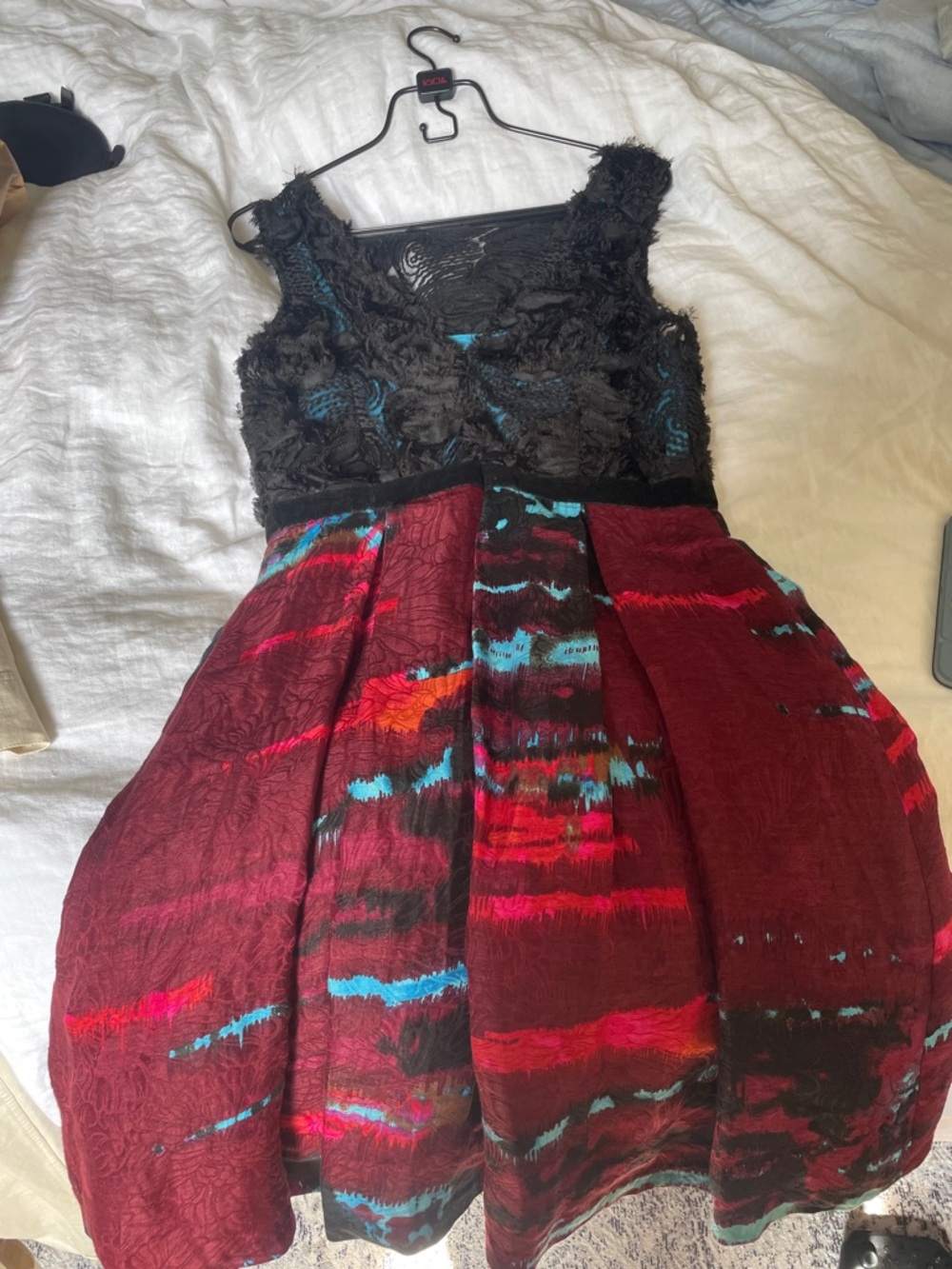Black & Burgundy Textured Cocktail Dress with Multicolor Accents